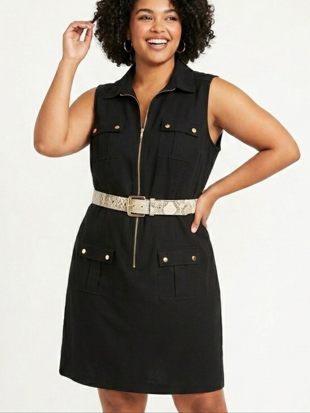 Sharagano Plus Size Black Sleeveless Zip-Front Shirtdress with Snakeskin Belt